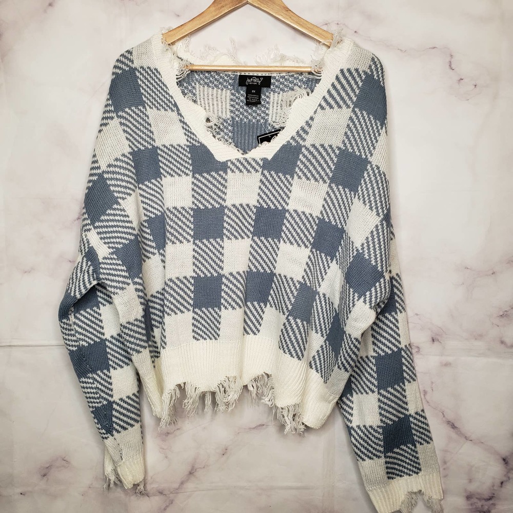 JUST POLLY New York plaid distressed frayed plaid pullover sweater 2X